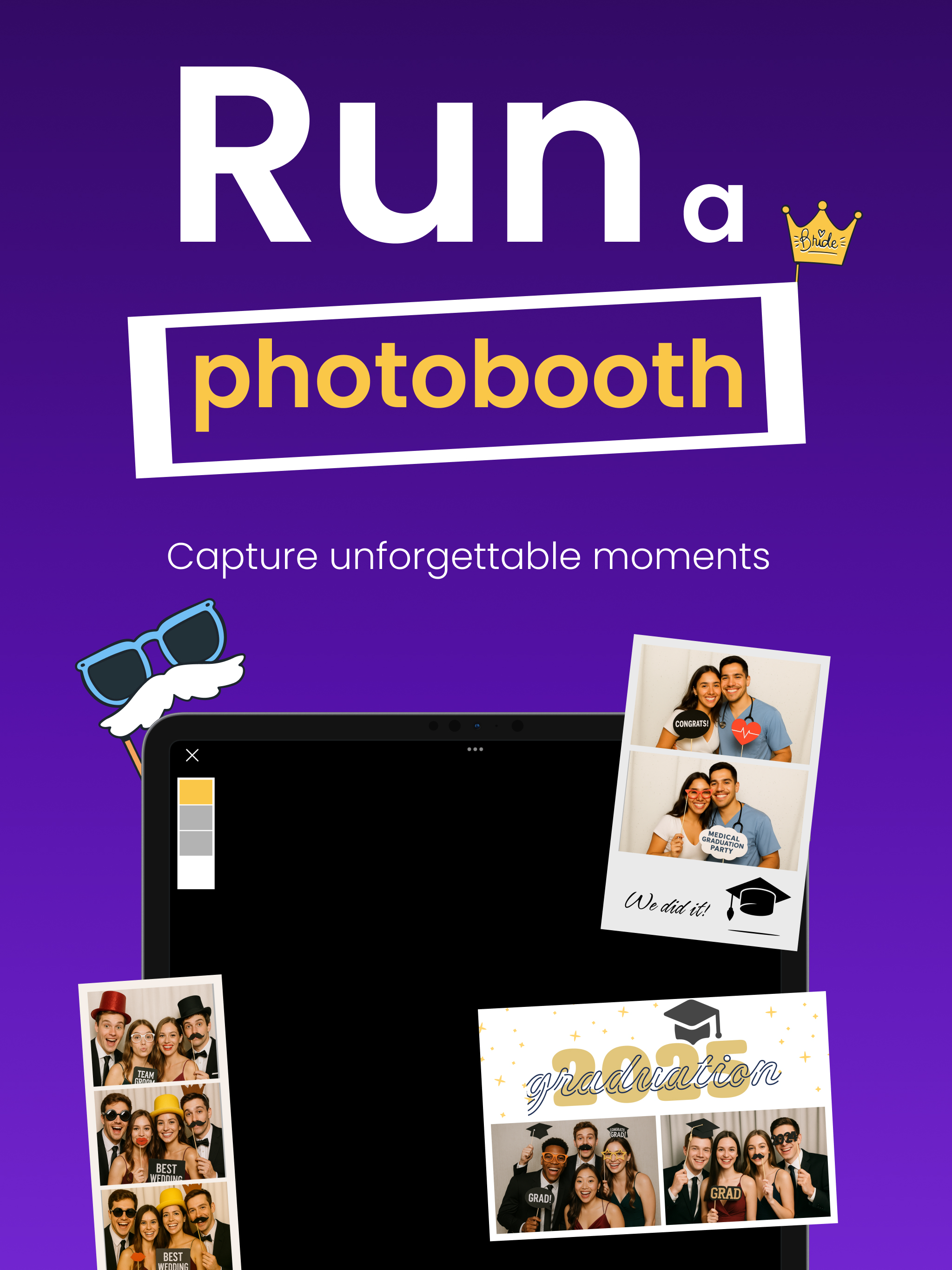 Photo Booth Studio on iPad Pro displaying wedding photo strips — a DIY iPad photo booth