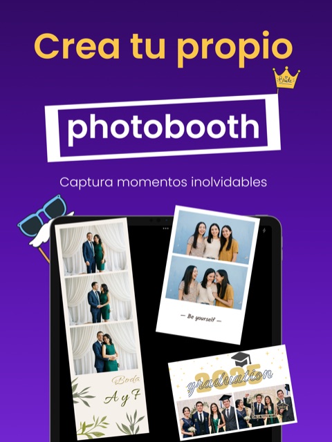 Photo Booth Studio en un iPad mostrando tiras de fotos impresas de un photo booth de boda y graduación