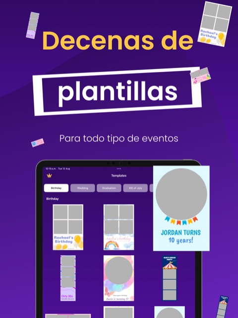 Galería de plantillas en iPad con diseños de photo booth para cumpleaños y eventos