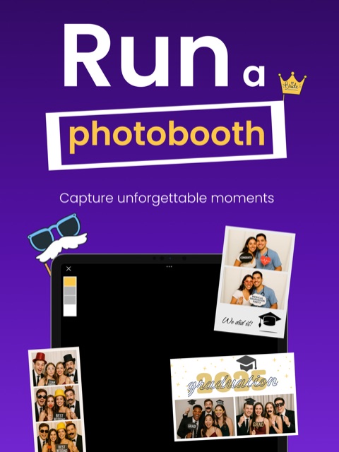 Photo Booth Studio running on iPad, showing printed photo strips from a wedding and graduation photo booth