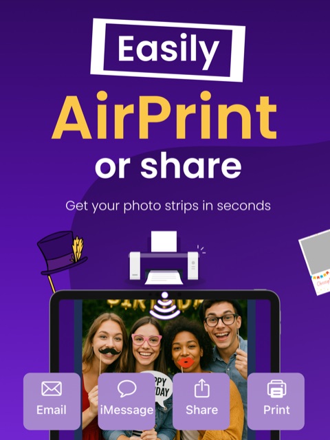 iPad template gallery with photo booth layouts for birthdays and events