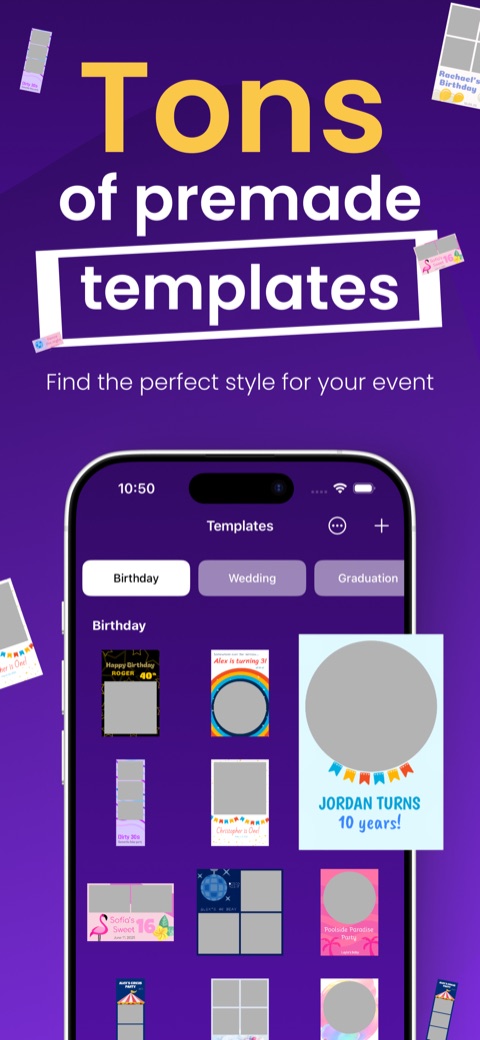 Template browser with ready-made birthday, wedding, and graduation photo booth templates in Photo Booth Studio
